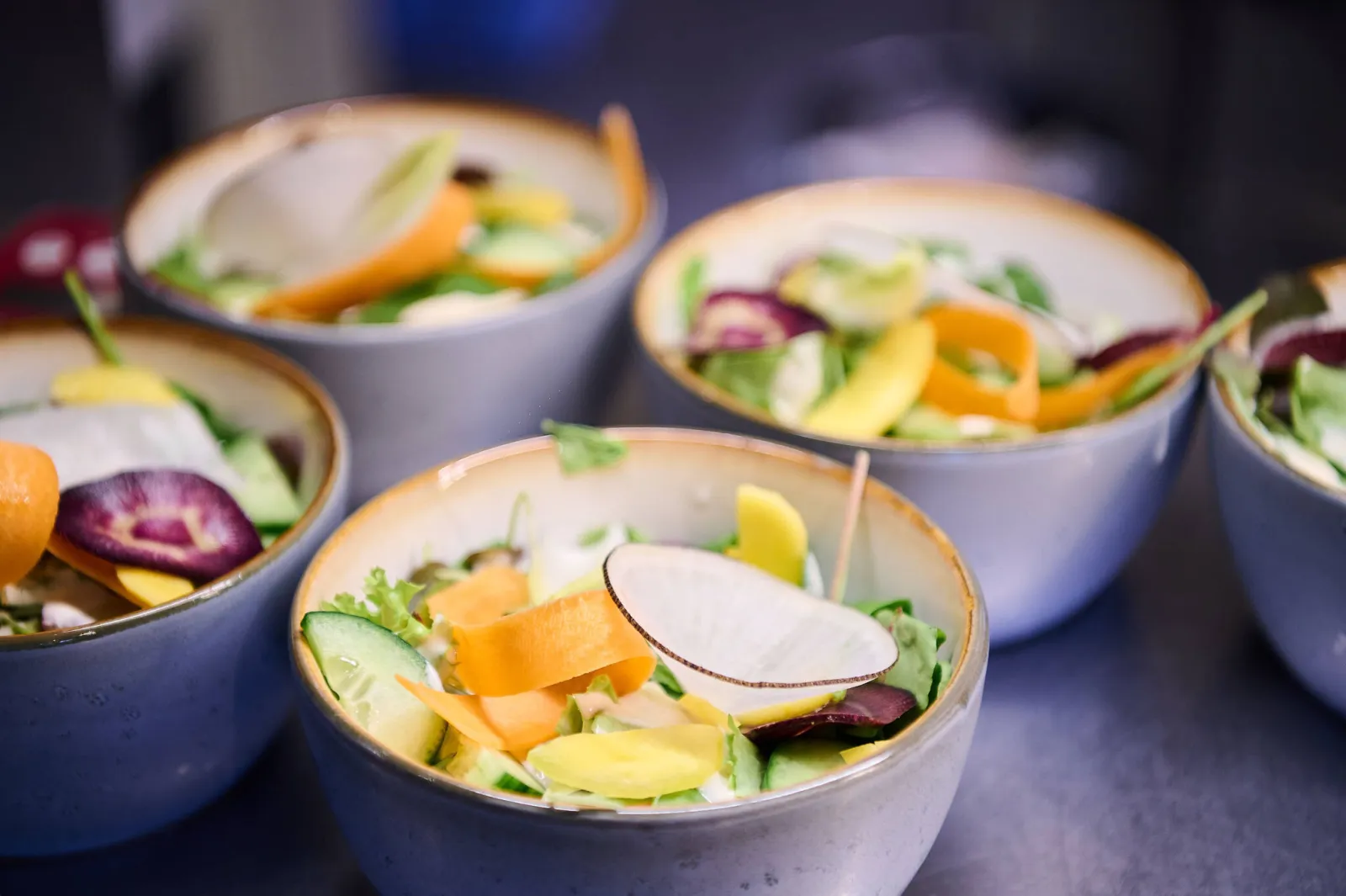 Kommen gemengde salade met wortel, radijs en rode biet